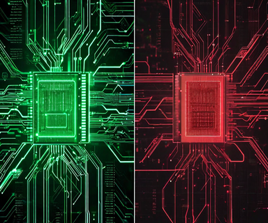 Split visualization comparing two GPU computing platforms: an established dominant ecosystem represented by extensive green circuit networks on the left, and a challenger platform in red tones on the right attempting to bridge the gap, symbolizing competitive dynamics in GPU computing technology