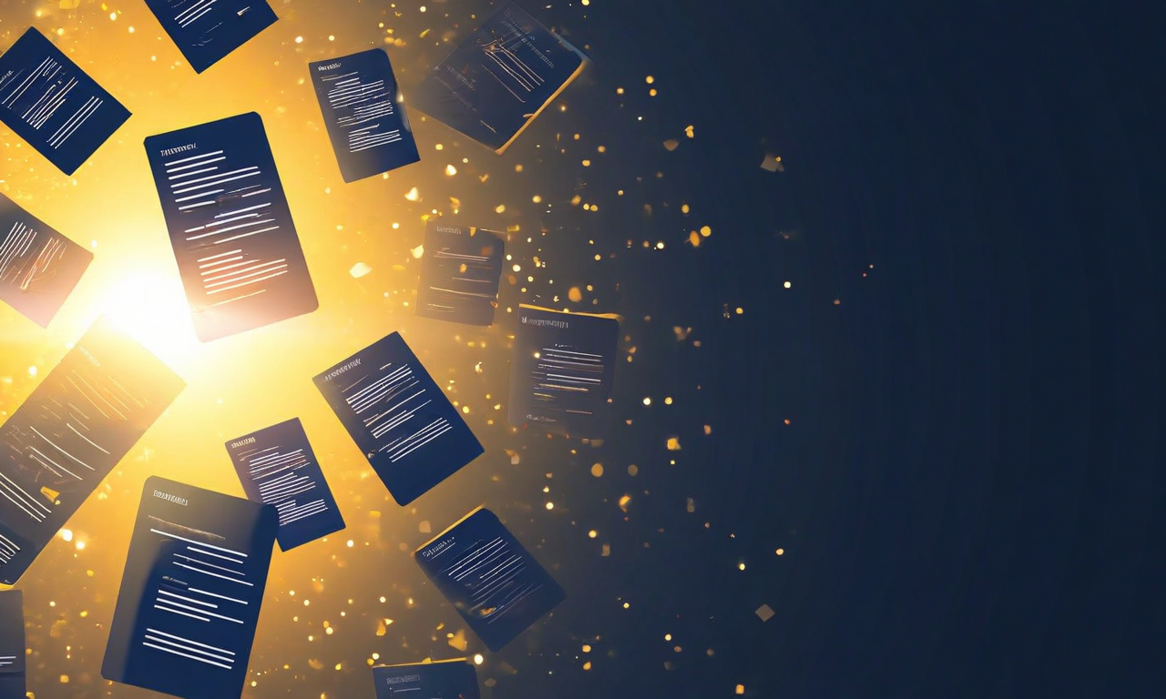 スプレー・アンド・プレイ戦略の非効率性を表現した画像。多数の履歴書が四方八方に散らばっている様子と、その中から一つの履歴書が金色の光に照らされて選ばれている対比を示しています。背景の散らばった履歴書はぼやけており、選ばれた履歴書は明るくハイライトされています。