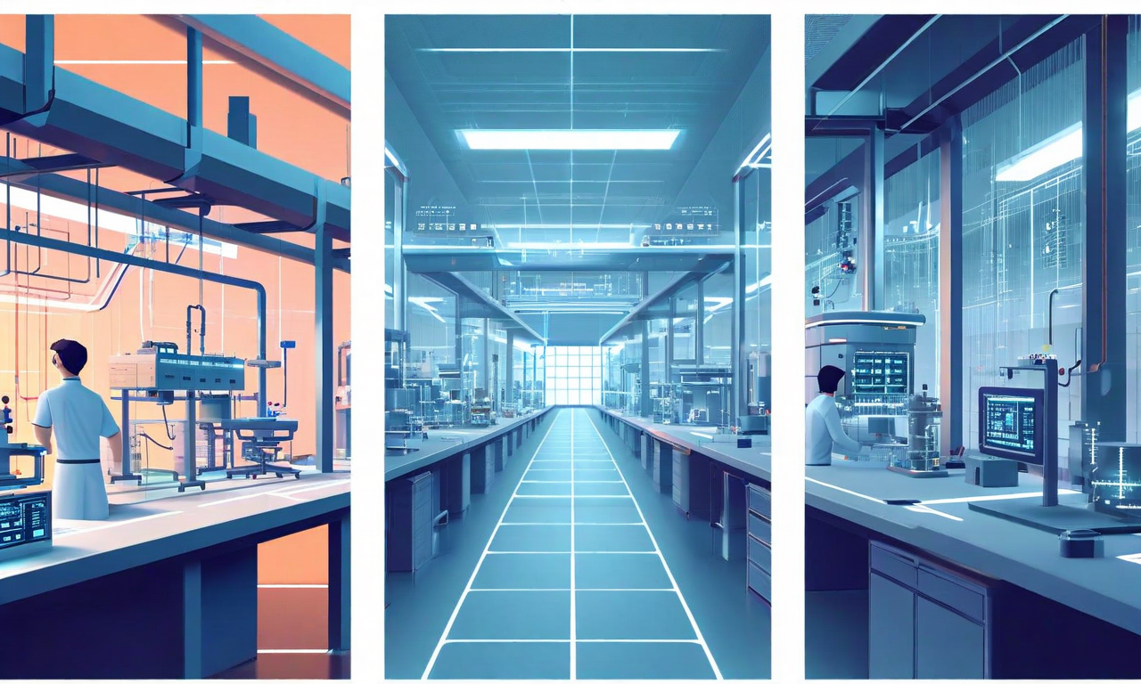 パイロット環境から本番運用への段階的な移行を表現した図。左側の実験室環境では小規模で隔離されたシステムが青色で表示され、中央の移行ゾーンではスケーラビリティの課題を示す拡張ノードと複雑性の増加が見られ、右側の本番環境では堅牢で相互接続された分散アーキテクチャと運用成熟度指標が表示されている。