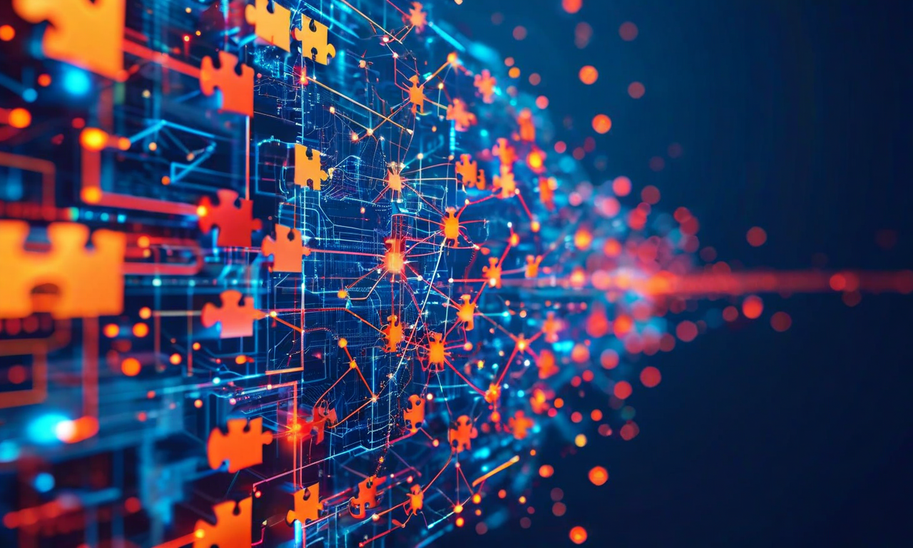 複数の地域別AI規制フレームワークの断片化を表現した抽象的なビジュアル。異なる色の幾何学的形状と規制文書が重なり合い、相互に接続された混乱したネットワークを形成している。パズルのピースが合致しない様子、分岐する経路、絡み合った規制の糸が描かれており、企業が直面する複雑性と標準化の欠如を象徴している。