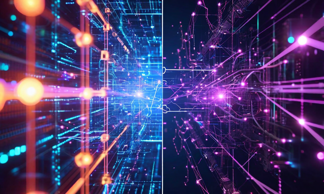 AI推進における理想と現実のギャップを表現した画像。左側は明るく輝くデジタルネットワークと理想的なAIシステムを示し、右側は半導体サプライチェーンの複雑さ、製造施設のボトルネック、電力制約、リソース不足などの現実的な制約を示している。二つの世界が対比的に描かれており、「ボーイング効果」（言説と現実のギャップ）を視覚化している。