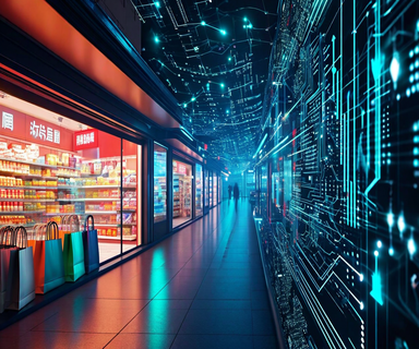 Split composition showing transition from consumer retail imagery to technology sector elements with flowing arrows indicating capital reallocation, set against a dark professional background with subtle market chart patterns
