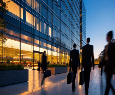 Modern Oracle office building at dusk with mixed lighting in windows and silhouettes of professionals departing, representing workforce restructuring and organizational change