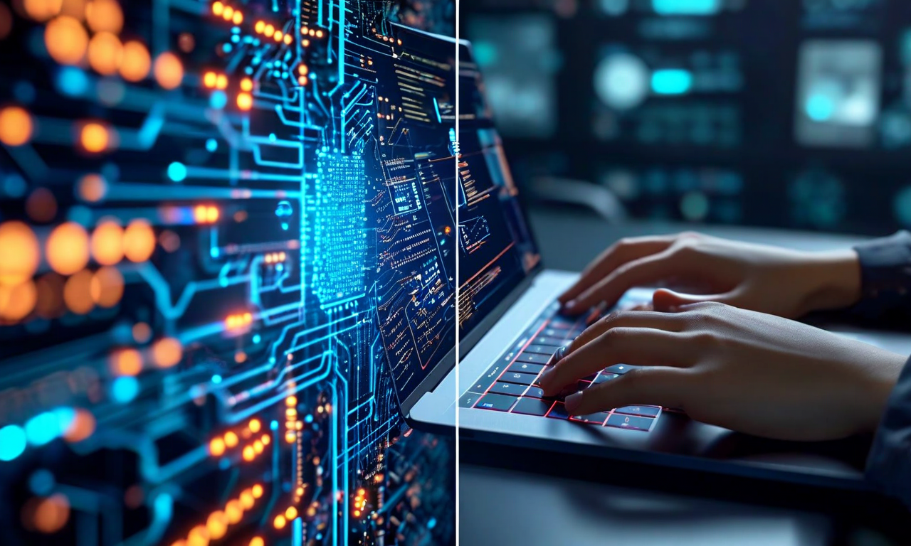 Split image contrasting fragmented AI neural network patterns on the left with human hands collaboratively working on a computer showing GitHub interface on the right, illustrating the gap between AI pattern matching and human contextual problem-solving