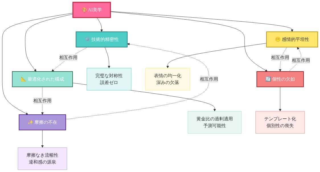 AI美学の特性マッピング図。中心に『AI美学』を配置し、周囲に5つの主要特性『技術的精密性』『感情的平坦性』『最適化された構成』『個性の欠如』『摩擦の不在』を放射状に配置。各特性には具体例が付記され、特性間を点線矢印で相互関係を示す。色分けされたノードで視覚的に区別。