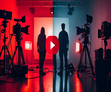 Split composition showing Netflix streaming platform elements on one side and YouTube creator tools on the other, with content creator silhouettes standing at the intersection, representing the competition between platforms for digital creators