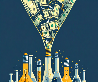 Illustration depicting scientific research funding flowing through a narrow bottleneck into a few large institutions at the top, while numerous innovative ideas and smaller research facilities remain below, symbolizing concentrated capital and barriers to entry in American science funding