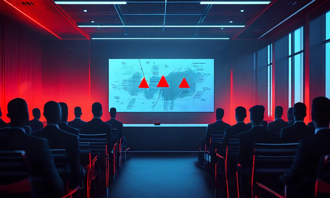 A corporate presentation scene depicting audience concern and organizational misalignment, with warning symbols and tense atmosphere suggesting a failed product demonstration