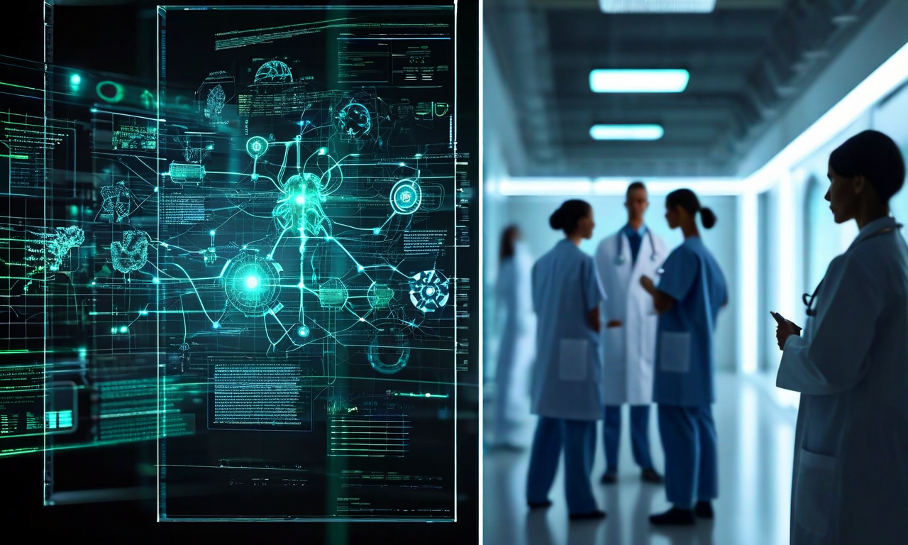 医療AIの透明性進化を表現した分割画面。左側は不透明なブラックボックスAIシステムに困惑する医療専門家と患者を示し、右側は透明なガラス状のAIシステムで、可視化された神経経路、決定木、明確なデータフローが表示され、医療専門家と患者が理解と信頼を持ってシステムを検証している様子を描写。