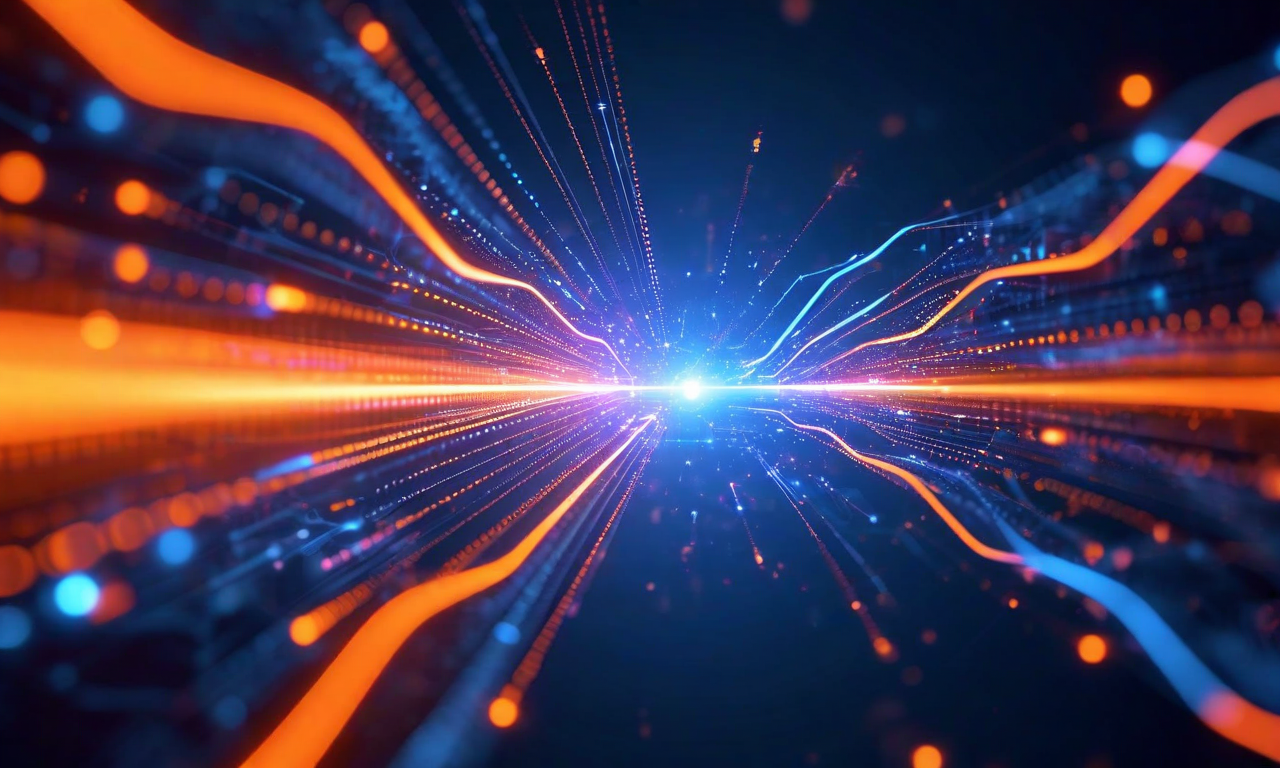 イノベーションとコンプライアンスが統合される過程を表現した抽象的なビジュアル。オレンジ色の革新的なエネルギーと青色の規制的枠組みが相互に流れ込み、中央で融合して、より強力で調和した統一的なフローを形成している。この統合されたエネルギーが医療AI応用へと向かっており、両者の協働による価値最大化を象徴している。