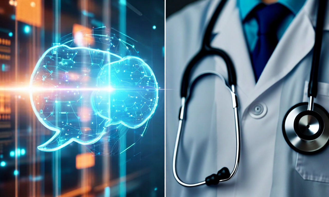 Split-screen image showing an AI chatbot interface with glowing conversation bubbles on one side and medical equipment including a stethoscope on the other, separated by a translucent geometric barrier representing operational boundaries in healthcare AI
