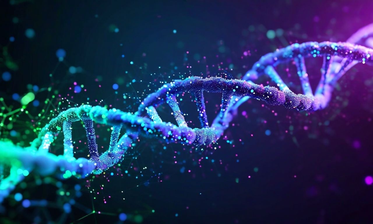 Split-screen visualization showing AI neural networks with glowing code streams on the left merging with DNA helix and molecular structures on the right, representing the convergence of artificial intelligence and biotechnology trends