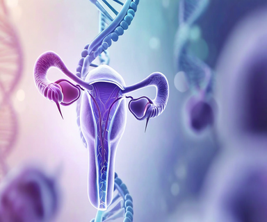 Medical illustration depicting female reproductive anatomy with subtle visual indicators of surgical repositioning for fertility preservation during cancer treatment, rendered in calming blue and purple tones