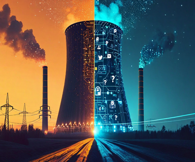 Split illustration showing a nuclear power plant with energy infrastructure on one side and dispersing social media symbols with AI icons on the other, representing the intersection of AI energy demands and social media hype