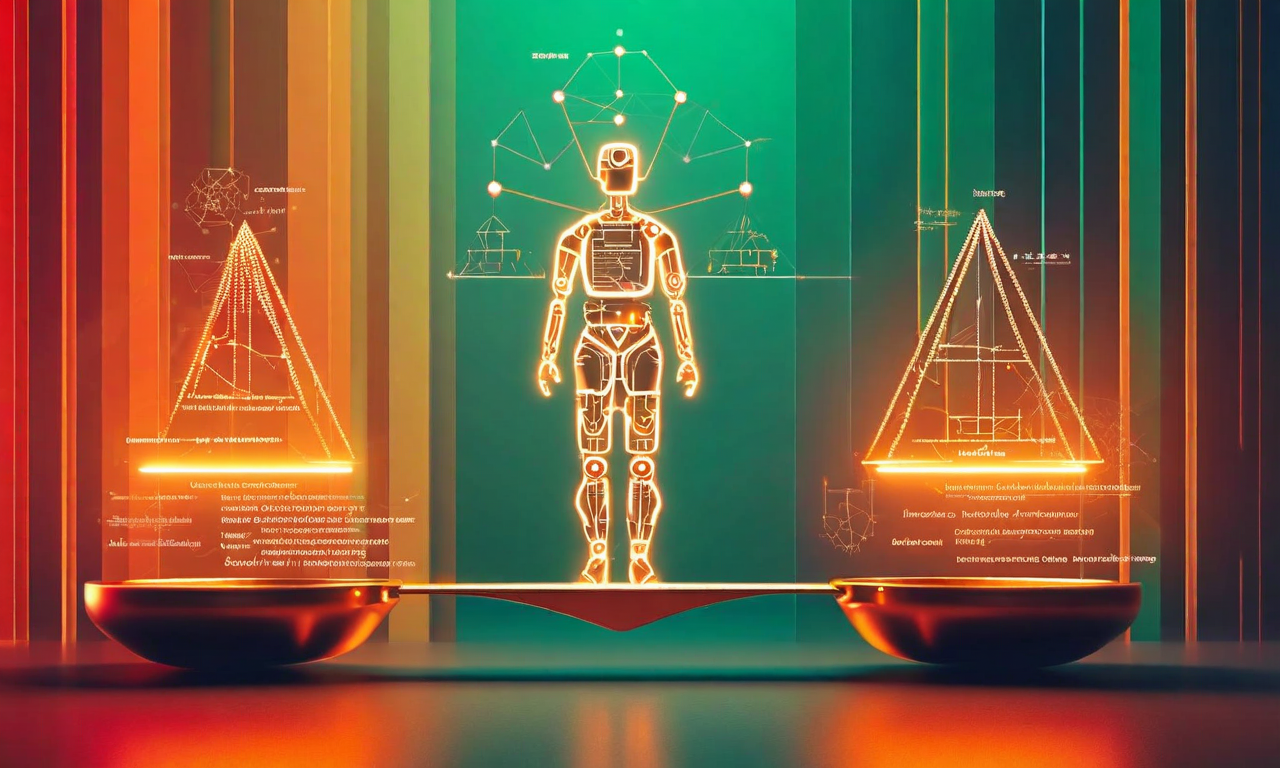 AI companionshipの規制バランスを示すスケール図。左側に過度な規制による創新阻害を表す重い錘、右側に不十分な規制による害のリスクを表す軽い錘が配置されている。中央の均衡点には人間とAIが調和的に相互作用する様子が描かれており、最適な規制領域を示唆している。背景には赤(過度な規制)から緑(バランス)、オレンジ(不十分な規制)へのグラデーションスペクトラムが表示されている。