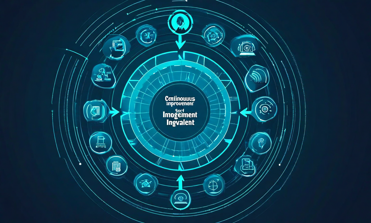 デジタルガバナンスの継続的改善サイクルを示す7段階の循環フロー図。規制環境の監視、影響分析、内部調整、ステークホルダー関与、ポリシー更新、実装、監視が時計回りに矢印で接続されており、各段階が異なるビジュアル要素で表現されている。モダンなビジネス風の青とティール色を使用した専門的なイラスト。