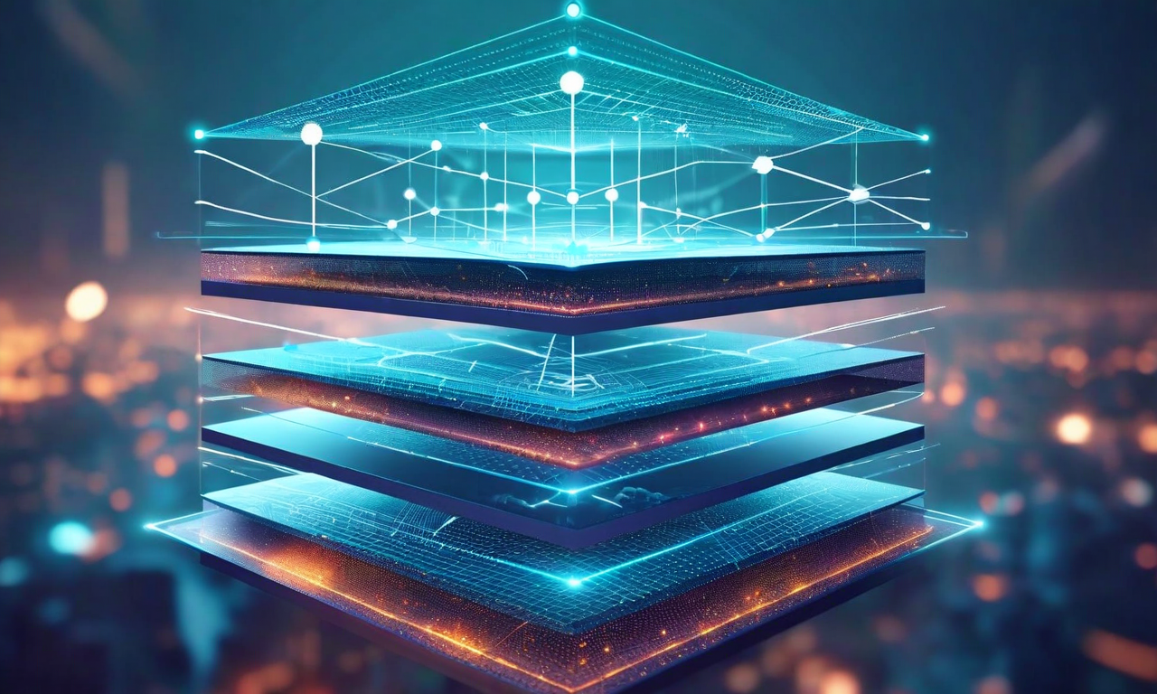 レジリエントなデジタルガバナンスの構造を表現した図。下から上へ技術層、プロセス層、組織層、エコシステム層の4つの層が積み重ねられており、各層は相互に接続されたノードと流動的な線で結ばれている。全体を保護するバリアが描かれ、外部からの規制変化、技術進化、社会的圧力を示す稲妻、波、変形する幾何学模様が複数の方向から接近している。各層は柔軟に変形しながらも構造的な完全性を保っている。