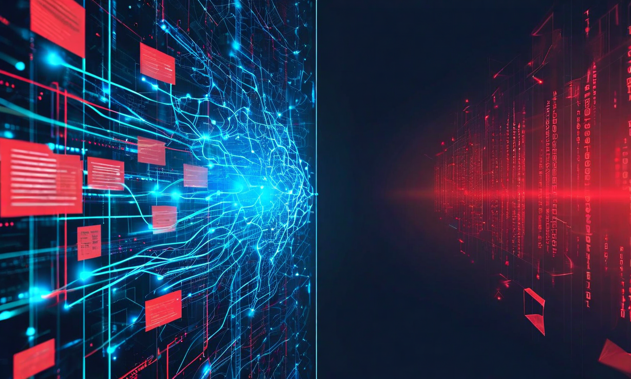Split composition illustration showing flowing blue digital data streams and AI networks on one side contrasting with red geometric regulatory barriers and legal frameworks on the other, meeting in the center to represent the tension between digital innovation and government regulation