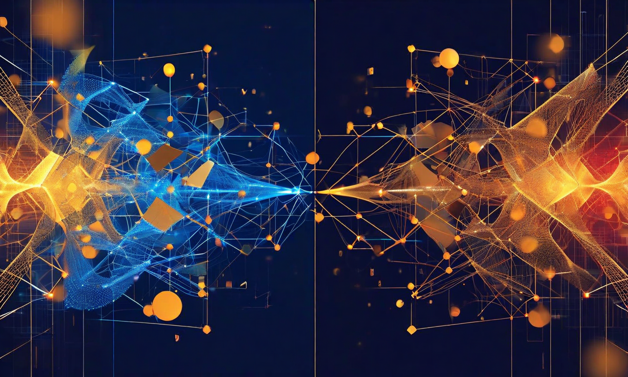 古典的半環とトロピカル半環の代数的構造を対比した抽象的な数学的可視化。左側は伝統的な加算と乗算操作を青と金色の幾何学的形状で表現し、右側は最大値操作と加算を琥珀色と深紅色の形状で表現している。中央のマトリックス状の格子を通じて両構造が相互に変換・接続され、抽象的な代数がいかに具体的な計算に影響するかを示している。