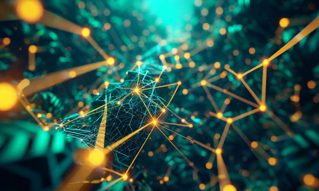 トロピカル多項式回路を採用した次世代AIシステムの概念図。幾何学的なノードと熱帯幾何学のパターンが上昇する流れを示し、計算効率の向上を表現。透明性が高まった神経経路、スケーラビリティの向上を示す拡張するネットワーク構造、結晶化した数学的形態が含まれる。深い青から発光する緑と金色へのグラデーション色が進化と発展を象徴している。