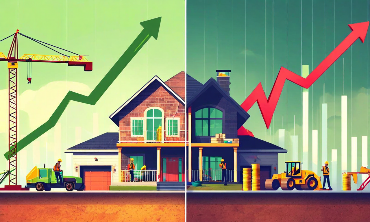 市場価値と再建築費用の乖離を示す対比的なビジュアル。左側は上昇する市場価値を示す緑色の矢印付きの住宅、右側はインフレーションの影響を受ける建設資材(木材、鋼材)と労働力を伴い、より急勾配の赤色矢印で示される高い再建築費用を表現。両者の間のギャップが視覚的に強調されている。