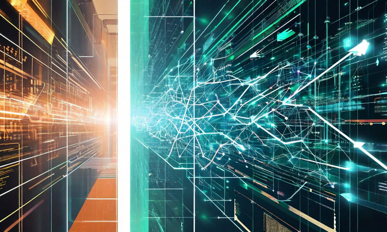 インフレーションの罠から変革への移行を示す視覚化。左側は従来の保険モデルの限界を表す固い構造と不透明なプロセスを灰色と茶色で表現。右側は新しいデータドリブン保険エコシステムを示す相互接続されたデジタルノード、流動するデータストリーム、透明性のある情報層を青と緑で表現。中央には段階的な進化段階と上昇する矢印が古いモデルから新しいパラダイムへの橋渡しを示す。