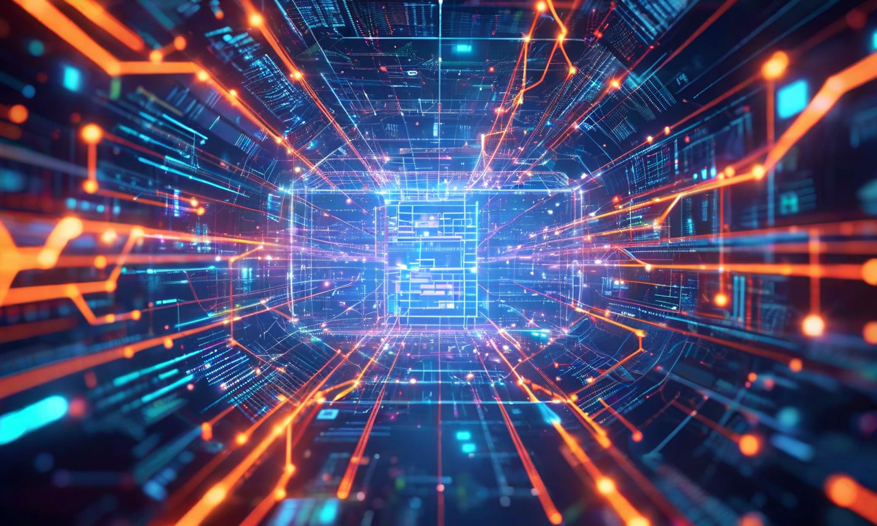 複数のデータソース(市場データ、建築費用指数、地域労働費、建築基準)が色分けされた流れとして中央のハブに統合され、動的な保険評価システムを実現する概念図。発光する接続線とノードで構成された現代的なテクノロジー視覚化。