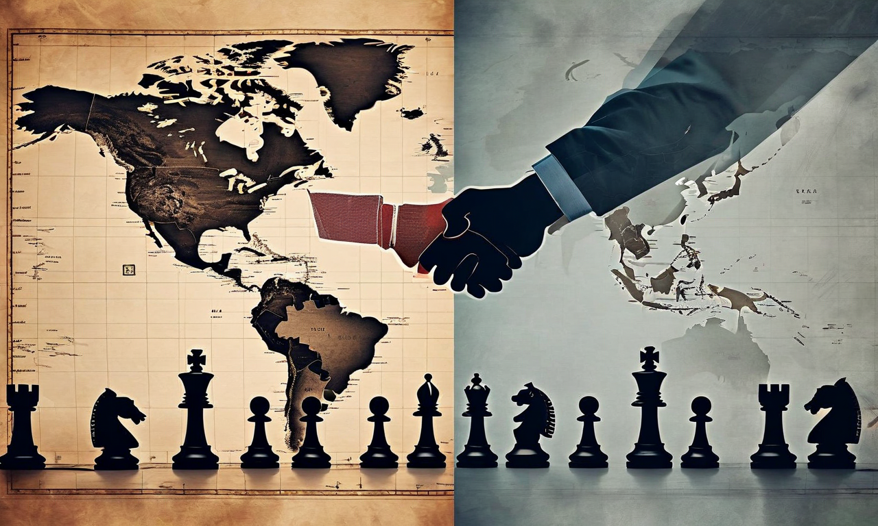 A divided composition showing Cold War era strategic elements including chess pieces on a map and diplomatic documents on one side, contrasted with modern geopolitical symbols and abstract alliance representations on the other, connected by a central divide symbolizing the evolution of the American-Israeli alliance