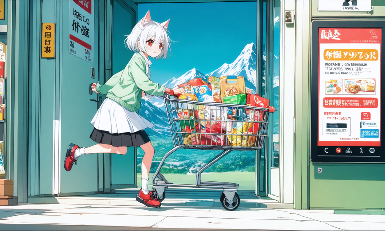小さなお店で店員が客にスカーフをすすめて笑い合う横を、買い物かごを持った丸いお手伝いロボットが素通りしていき、驚くネコさんが見ているイラスト。