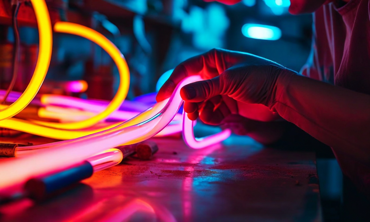 Close-up of glowing neon tubes in warm colors being crafted in a workshop, highlighting the artisanal process of traditional neon sign making