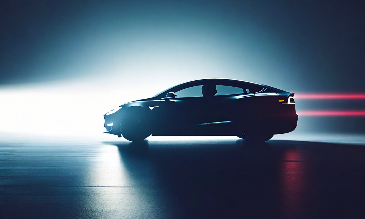 A sleek electric vehicle silhouette emerging from darkness into light, with abstract legal documents dissolving in the background, symbolizing the conclusion of SEC investigation and regulatory clarity for Faraday Future