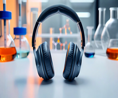 Over-ear headphones on a laboratory surface with scientific testing equipment in the background, suggesting chemical analysis of consumer electronics materials