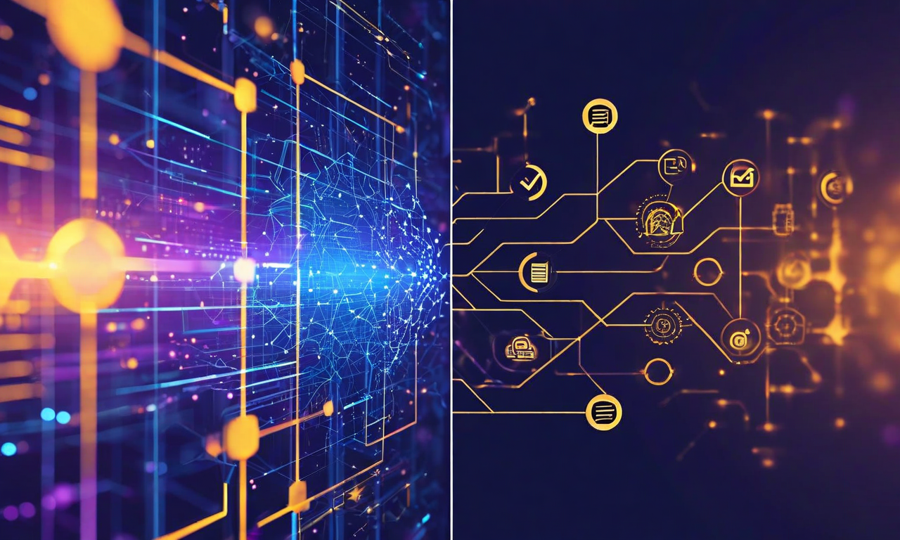 Split-screen illustration showing AI neural networks and data visualization on one side blending with governance symbols and organizational structures on the other, representing the integration of artificial intelligence technology with responsible oversight and ethical frameworks