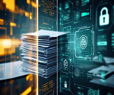 Split composition contrasting traditional PDF documents with security symbols against modern digital collaborative interfaces, connected by institutional framework elements, representing the tension between document format persistence and technological evolution