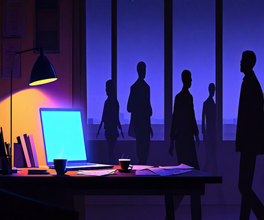 Atmospheric illustration showing silhouettes of figures approaching through darkness toward a lit workspace with a glowing laptop, representing organizational friction and after-hours work culture