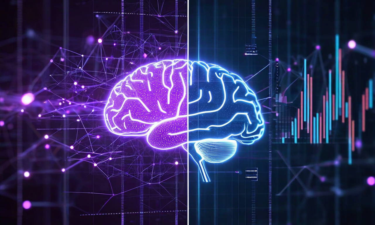 Split visualization contrasting mystical neural network imagery with mathematical matrices and statistical graphs, representing the demystification of machine learning as statistical pattern matching rather than true intelligence