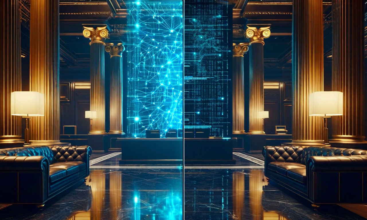 Split composition contrasting futuristic AI neural networks in blue tones with traditional banking environment in gold and navy, representing the gap between AI technology and financial industry implementation
