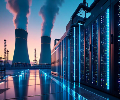 Split image showing a modern small modular nuclear reactor facility connected to a data center server room through visualized energy grid lines, representing next-generation nuclear power supporting high-density baseload energy demands