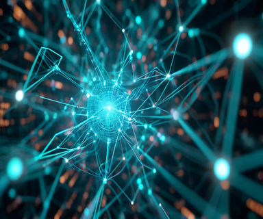 Abstract visualization of an AI neural network architecture showing optimized attention mechanisms with flowing blue data streams, representing DeepSeek V4's efficient transformer model design and extended context processing capabilities