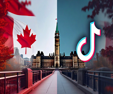 Split composition showing Canadian Parliament buildings alongside TikTok platform symbols connected by a bridge, representing the regulatory resolution between Canada and TikTok with visual elements suggesting data security and compliance