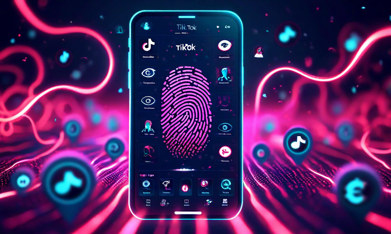 A smartphone displaying TikTok surrounded by glowing streams of data particles representing various types of user information including biometric data, browsing history, and demographic information flowing outward into a digital network