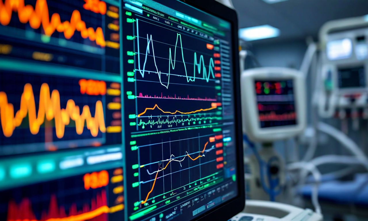 敗血症検出モデルの意思決定プロセスを示す医療ビジュアライゼーション。患者の心拍数、乳酸値、血圧の3つの生体信号が時系列グラフで表示され、正常範囲から危機的値への色の遷移を示している。背景には神経ネットワークのノードと接続が半透明で重ねられており、ブラックボックスモデルの予測メカニズムを表現している。ICU監視ステーション環境で、医療機器のシルエットが配置されている。