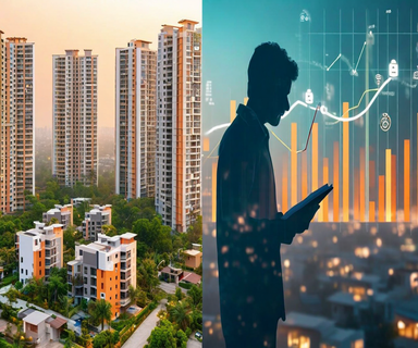 Split composition showing expensive urban housing on the left contrasted with affordable teacher housing community on the right, with an educator silhouette at the center representing the housing crisis and solution for school district retention