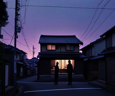 A somber evening scene showing a Japanese residential area with silhouetted figures in the foreground and a house in the background, depicting the serious nature of a criminal investigation involving youth suspects