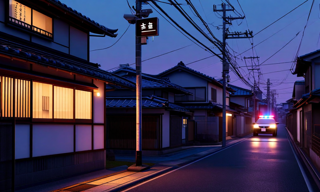 A Japanese residential neighborhood at twilight showing houses with lit windows and subtle security elements like patrol car lights and surveillance cameras, conveying themes of home security and community safety concerns