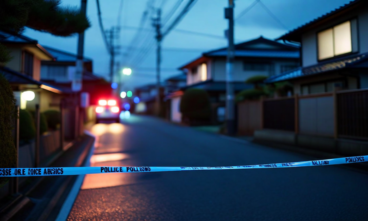A somber evening scene of a Japanese residential street with police investigation tape and subtle law enforcement presence, depicting a serious criminal investigation