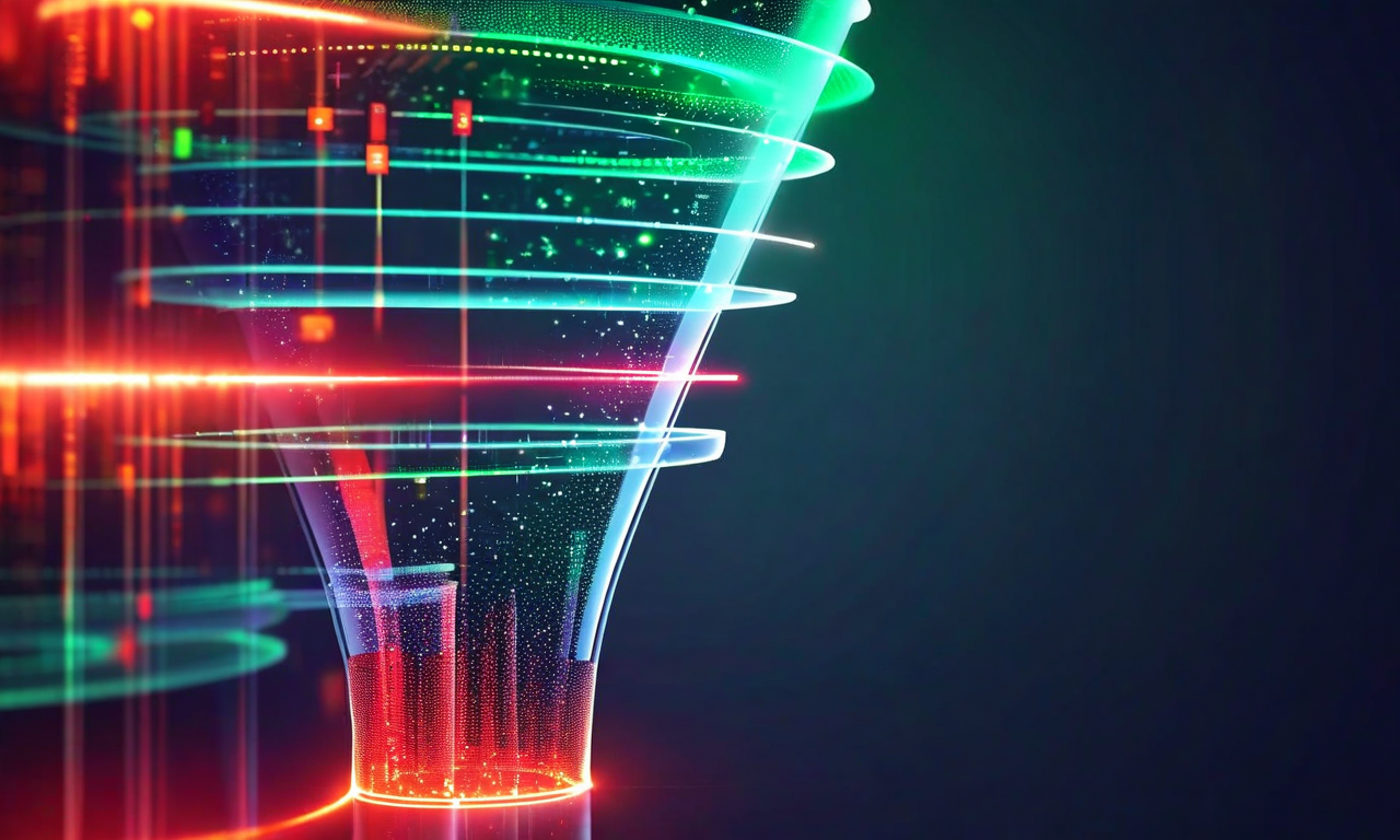 複数の段階的なフィルター層を持つ漏斗型の品質管理システムの視覚化。上部から下部へ流れるデータストリームが各層で段階的に検証され、不正なタスク（赤色の粒子）が除去される様子を表現。各フィルター層には効率指標が表示され、最終的に検証済みのタスク（緑色）が下部に到達する。