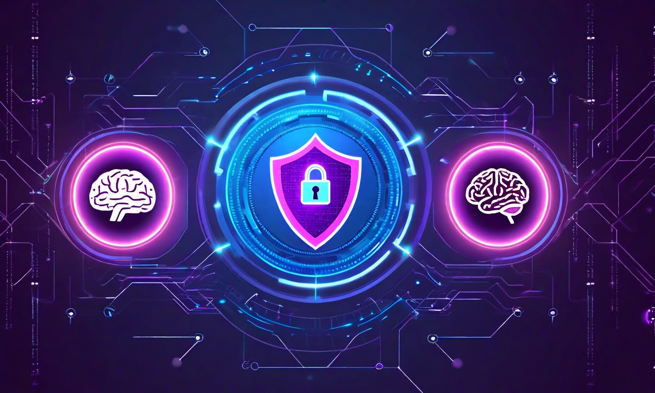 3つの主要リスク領域（プライバシー、セキュリティ、スキル低下）を象徴するアイコン（盾、鍵、脳）が中央に配置され、それぞれが層状の防御メカニズムに囲まれている。複数の同心円状の防御層が外側に広がり、デジタル接続と幾何学的パターンで表現されたリスク軽減戦略を示す。