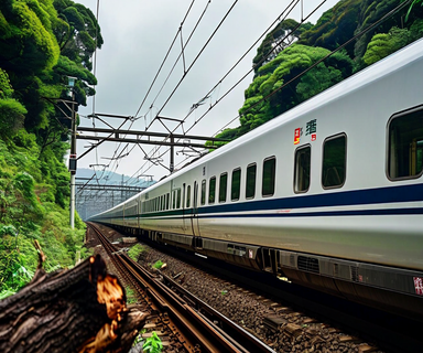 A Shinkansen bullet train halted on elevated tracks with overhead power lines and a fallen tree branch nearby, illustrating infrastructure disruption from environmental factors