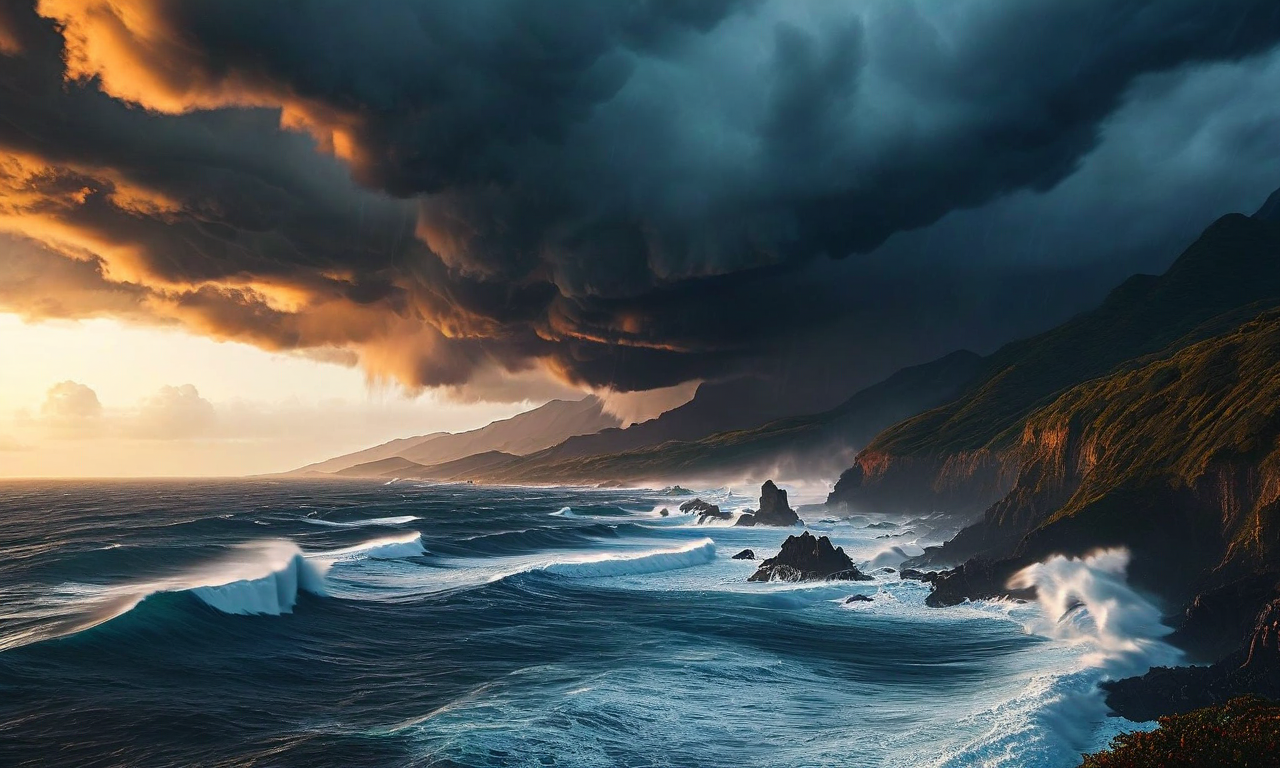 Dramatic evening storm scene over a coastal mountainous region with dark clouds, strong winds bending trees, and turbulent ocean waves, illustrating severe weather conditions in eastern Japan's Tohoku region